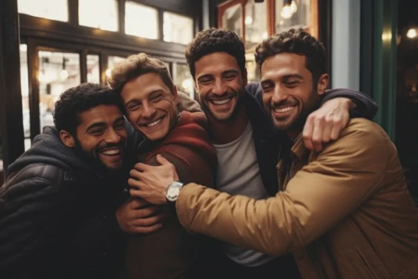 portrait men sharing affectionate moment friendship support