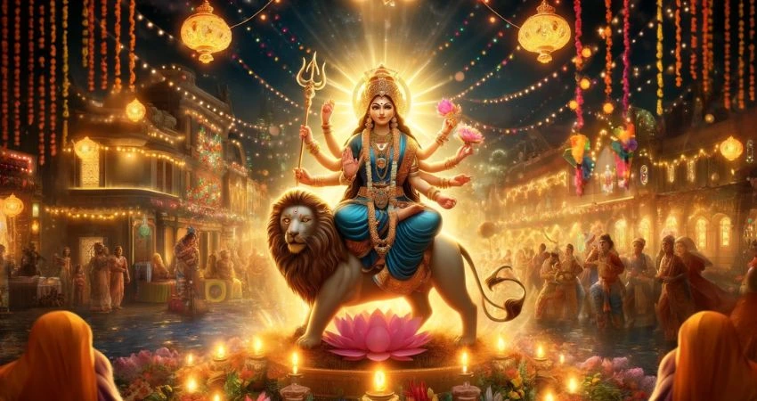 Kushmanda Devi riding a lion amidst a festive scene.