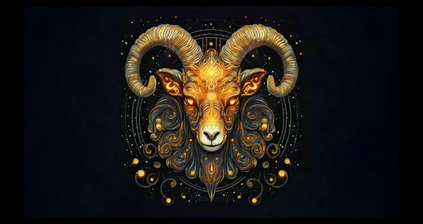 Aries zodiac sign stylized golden ram head against a dark background.