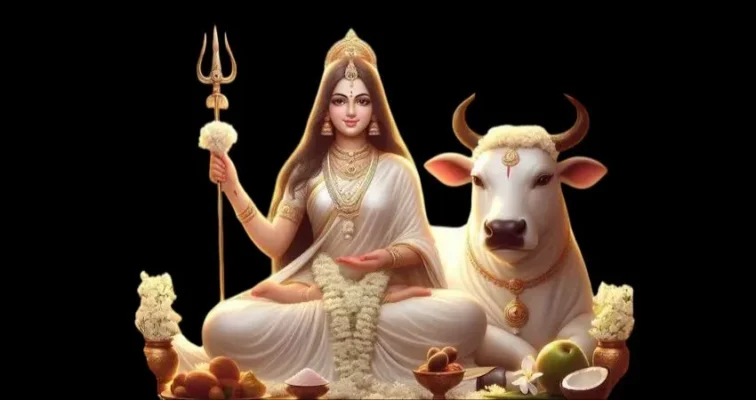 Mahagauri Mata seated with a white bull, holding a trident.