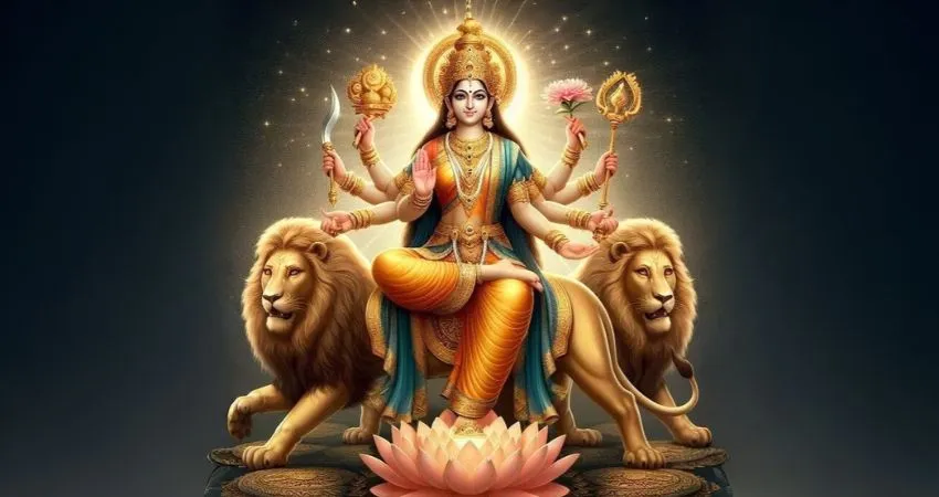 Image of Katyayani Devi, with a lotus seated on a lion and another lion at the side.