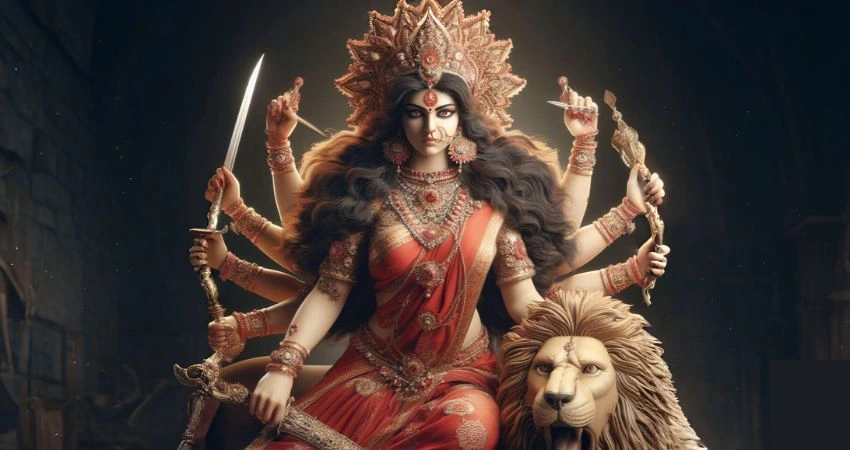 Image of Katyayani Devi, holding a sword and seated with a lion.