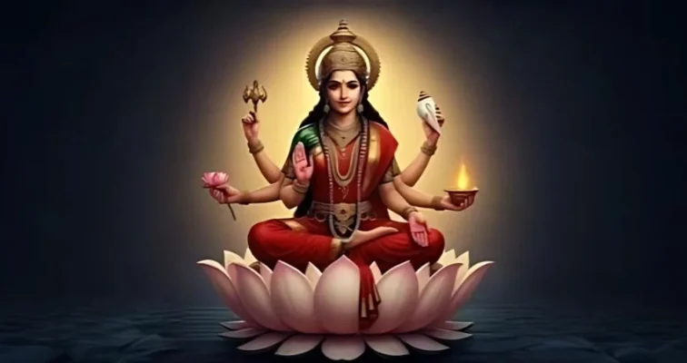 Siddhidatri Mata, the ninth form of Goddess Durga, seated on a lotus, radiating divine energy and blessings.