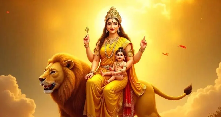 Skandamata Devi, seated on a lion, holding infant Kartikeya.