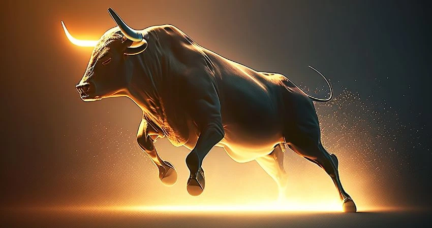 Illustration of a powerful Taurus horoscope bull charging forward, glowing with light.