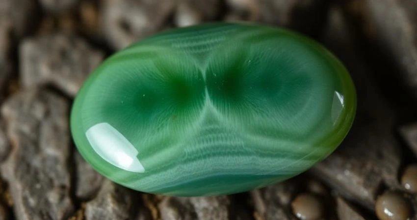 A beautifully polished Cat's Eye gemstone, displaying vibrant green and white hues.