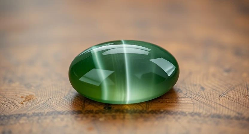 Close-up image of a Cat's Eye gemstone cabochon, showcasing the distinct chatoyancy or "eye" effect against a blurred wood background.