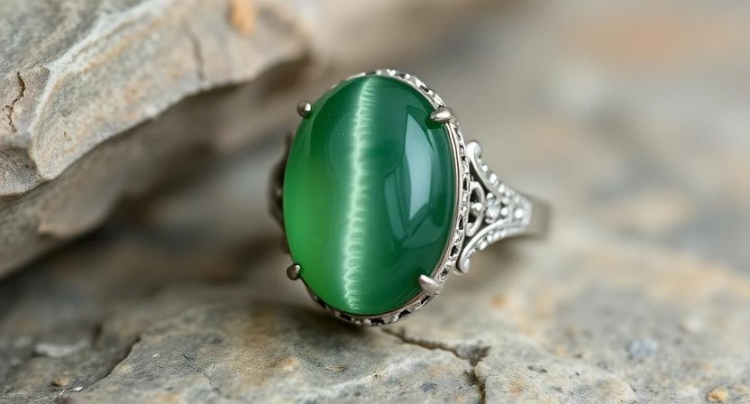 A Cat's Eye ring showcasing a polished green stone with a striking "cat's eye" effect.