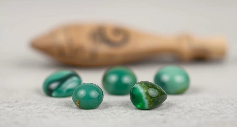 Several green gemstones, reminiscent of the vibrant hues associated with the Cat's Eye gemstone arranged together.