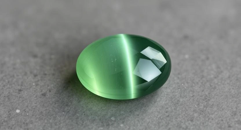 A polished Cat's Eye gemstone displayed on a gray surface.