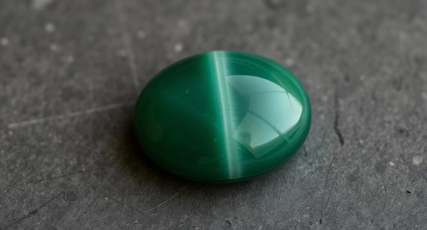 A polished Cat's Eye gemstone, showcasing the characteristic chatoyant band that resembles a cat's eye.