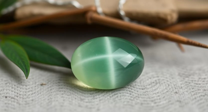 A round Cat's Eye gemstone with a visible "cat's eye" effect on a textured background.