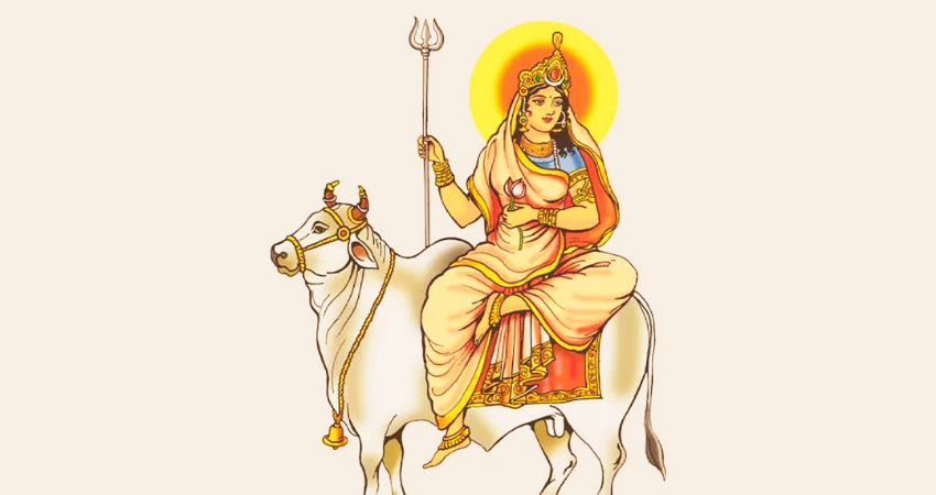 Shailputri, the first form of Goddess Durga, on her mount.