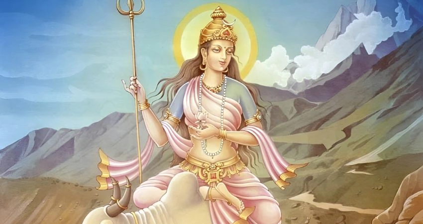 Shailputri Maa, riding a bull against a mountain backdrop.