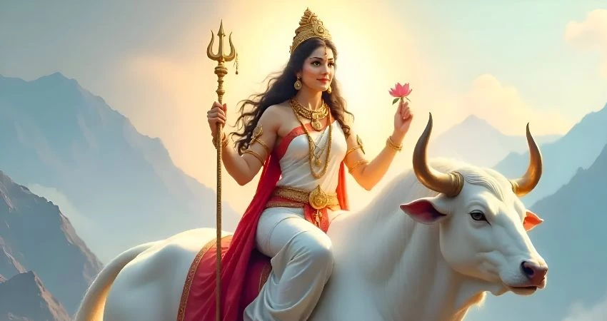 Shailputri Maa, riding a white bull in a mountainous landscape.