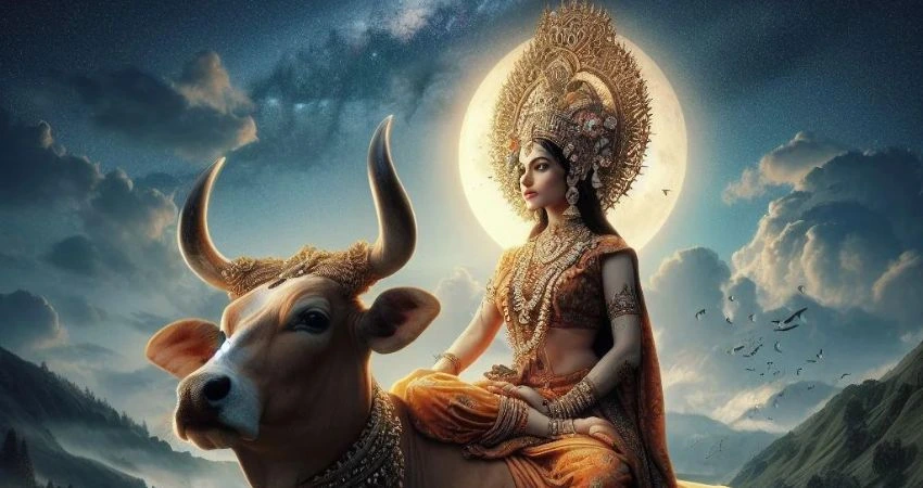 A divine depiction of Mata Shailputri seated gracefully on a majestic bull, set against a celestial backdrop with a luminous moon.