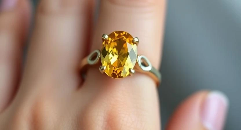 Close-up of a woman's hand wearing a silver ring with a large, oval-cut yellow Topaz gemstone.