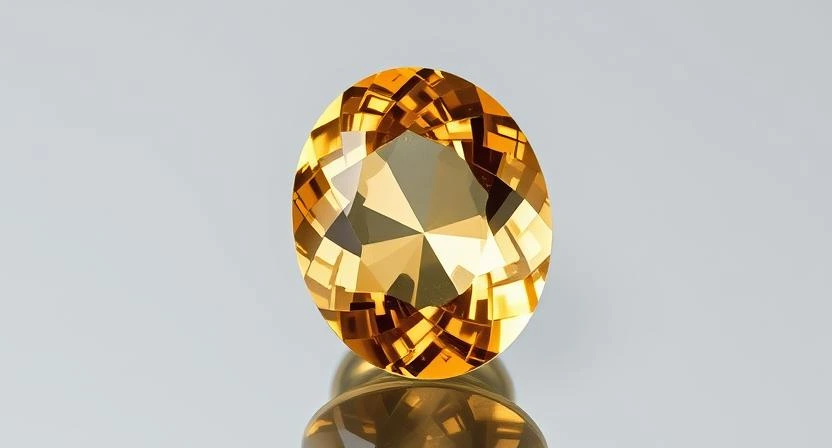 Yellow Topaz gemstone, oval cut, on a reflective surface.